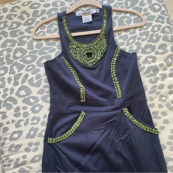 Gretchen Scott Navy and Green Beaded Sheath Sleeveless Dress - Picture 4 of 8